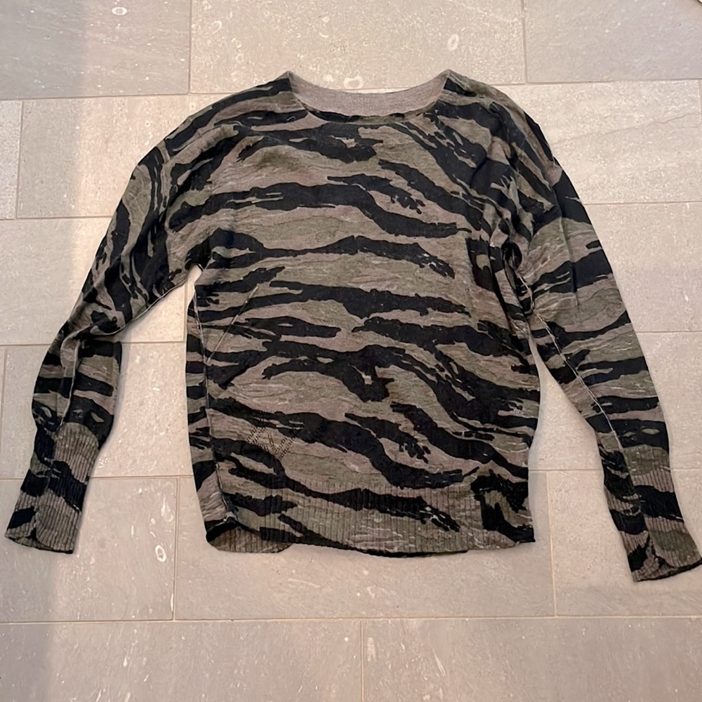 Zadig & Voltaire Olive Green and Black Tiger Stripe Crewneck Sweater